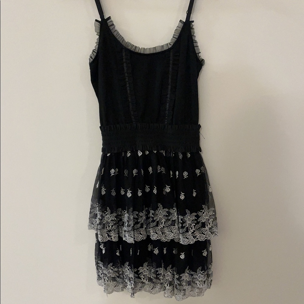Black Spaghetti Strap Dress with Two-Tier, White Rose-Detailed Bottom